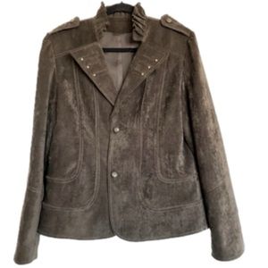 rich brown SUEDE JACKET lined stand up ruffle collar structured body